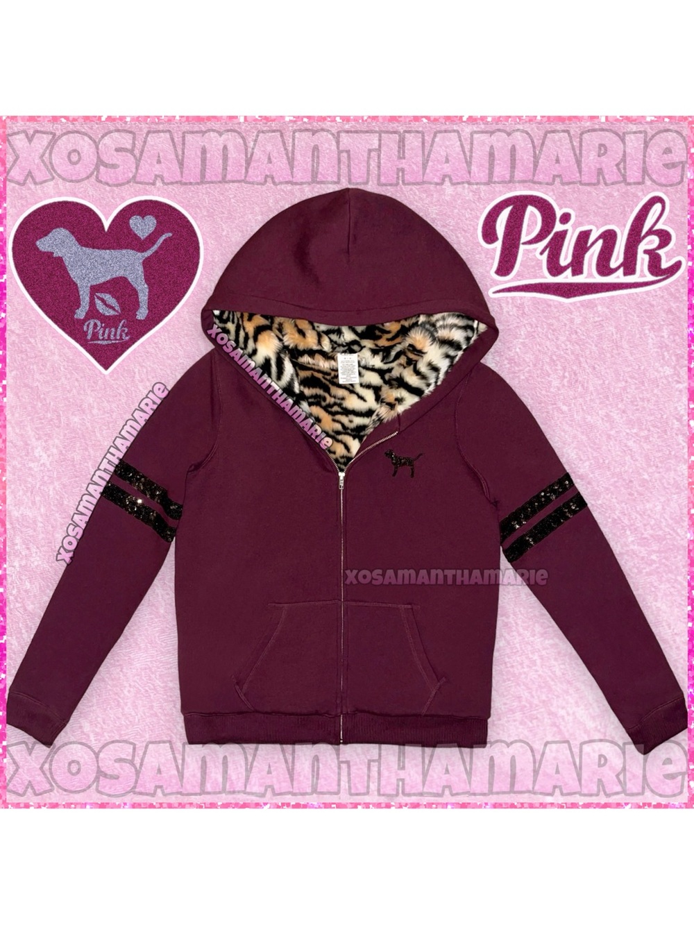 VS PINK Rare Y2K Vtg Sequin Bling Tiger Print Faux Fur Hoodie Jacket - Picture 4 of 14